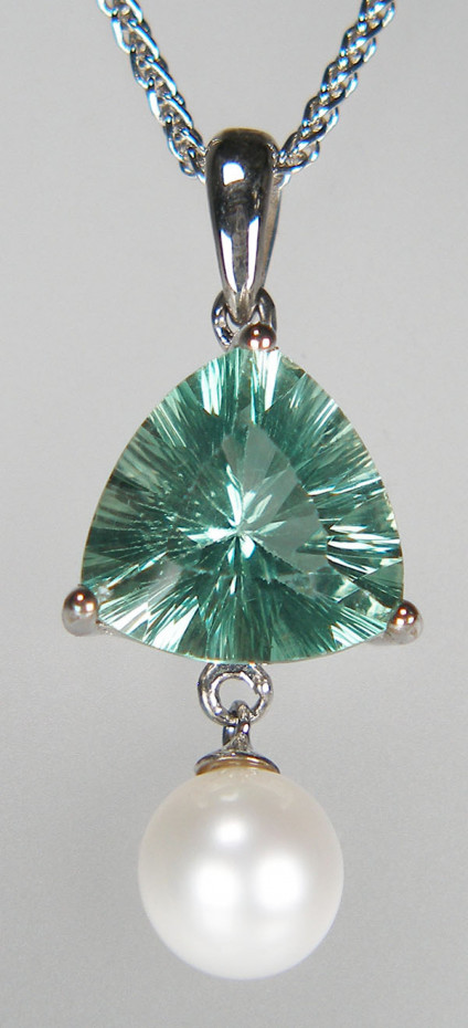 British Weardale fluorite pendant in silver with cultured pearl drop - Pretty pendant with sunburst faceted Weardale fluorite from the Diana Maria mine in County Durham, set in silver with a freshwater cultured pearl drop. The price includes the chain. This gorgeous British gemstone piece is included in our 20 year anniversary sale, it now costs £234.50