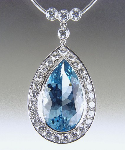 Aquamarine & Diamond Pendant in Platinum - 15ct pear cut aquamarine from Mozambique set with 5ct diamonds in platinum pendant.